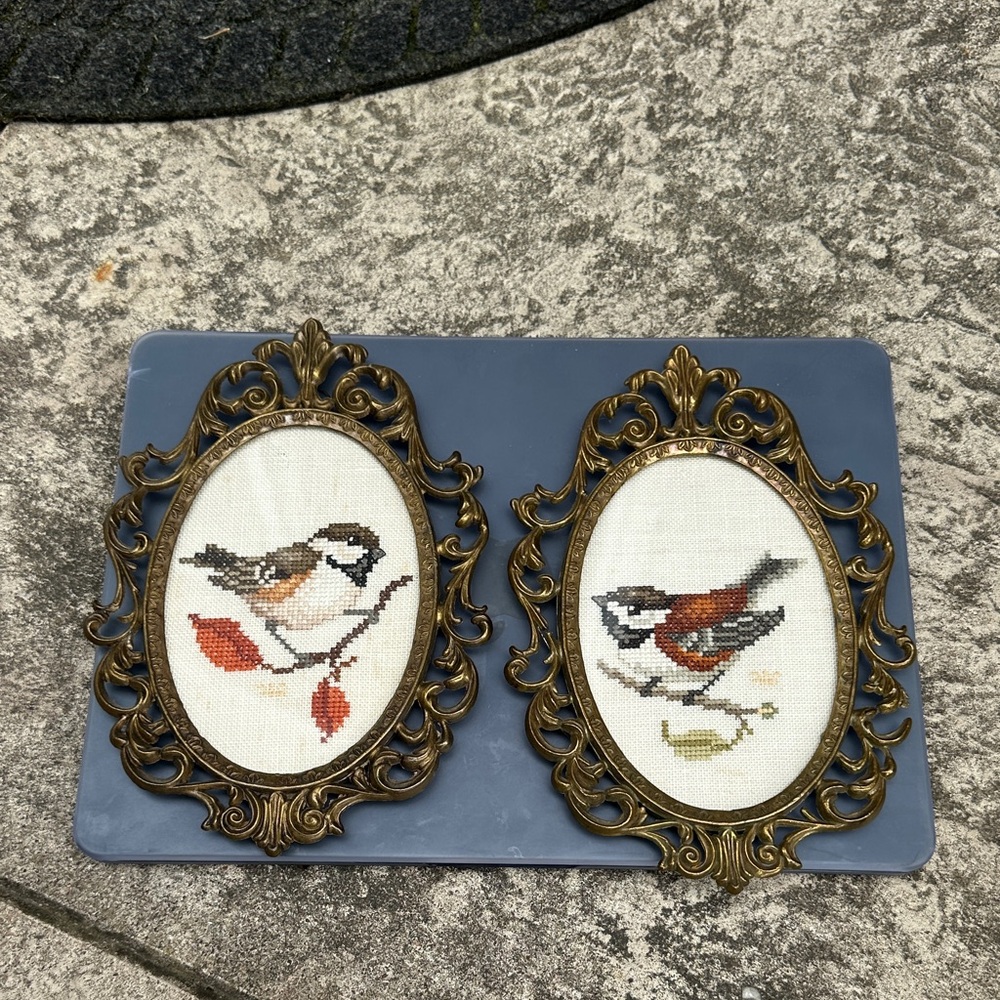 Set of Two Vintage Cross Stitch Bird Embroidery Art Vintage Brass Frames Wall